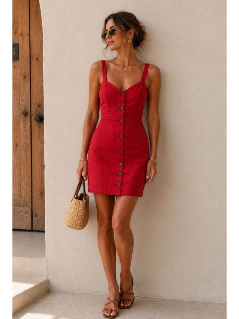 Reformation Finn red 100% linen mini dress button front summer vacation size 8 - Picture 9 of 9